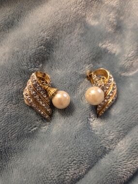 Gold-Tone Pearl and Crystal Clip-On Earrings